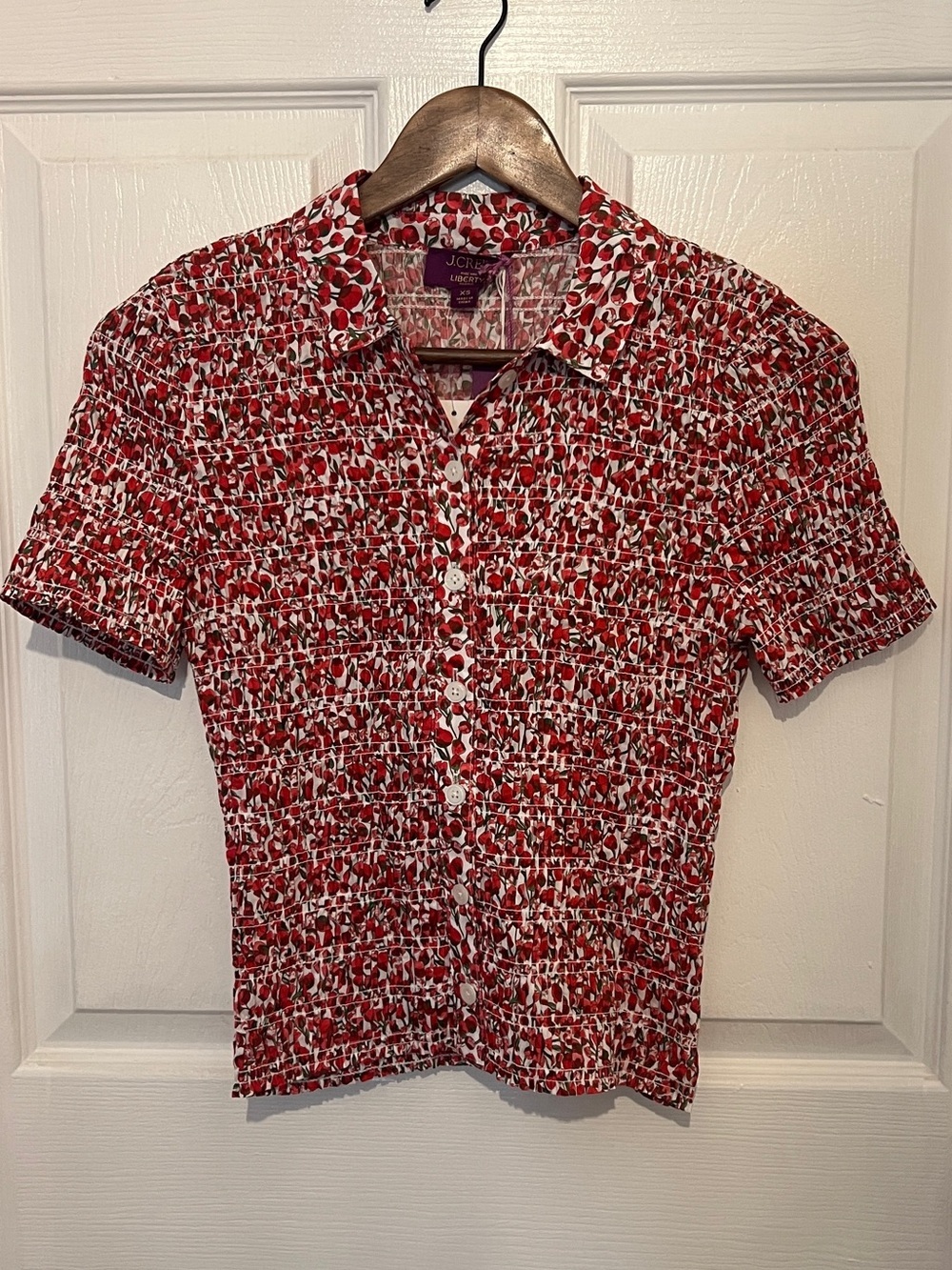 J. CREW Women’s Red Floral Print Liberty Smocked Button Up Short Sleeve Shirt